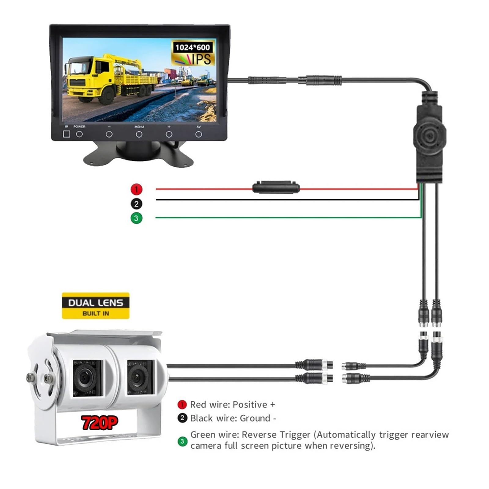 7-calowy Monitor Samochodowy Z Ekranem IPS AHD 720P, Biały, Podwójny Obiektyw, Zestaw Kamery Cofania Dwoma Obiektywami WyraźNy Obraz(Dual Camera Kit -10M)