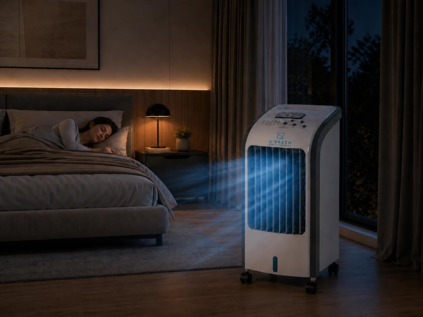 O'FRESH Rafraichisseur d'air silencieux - Portable grace à ses roulettes - Ventilateur à évaporation, rafraichit instantanément - Télécommande - Timer - Assainit l'air ambiant des polens et poluants
