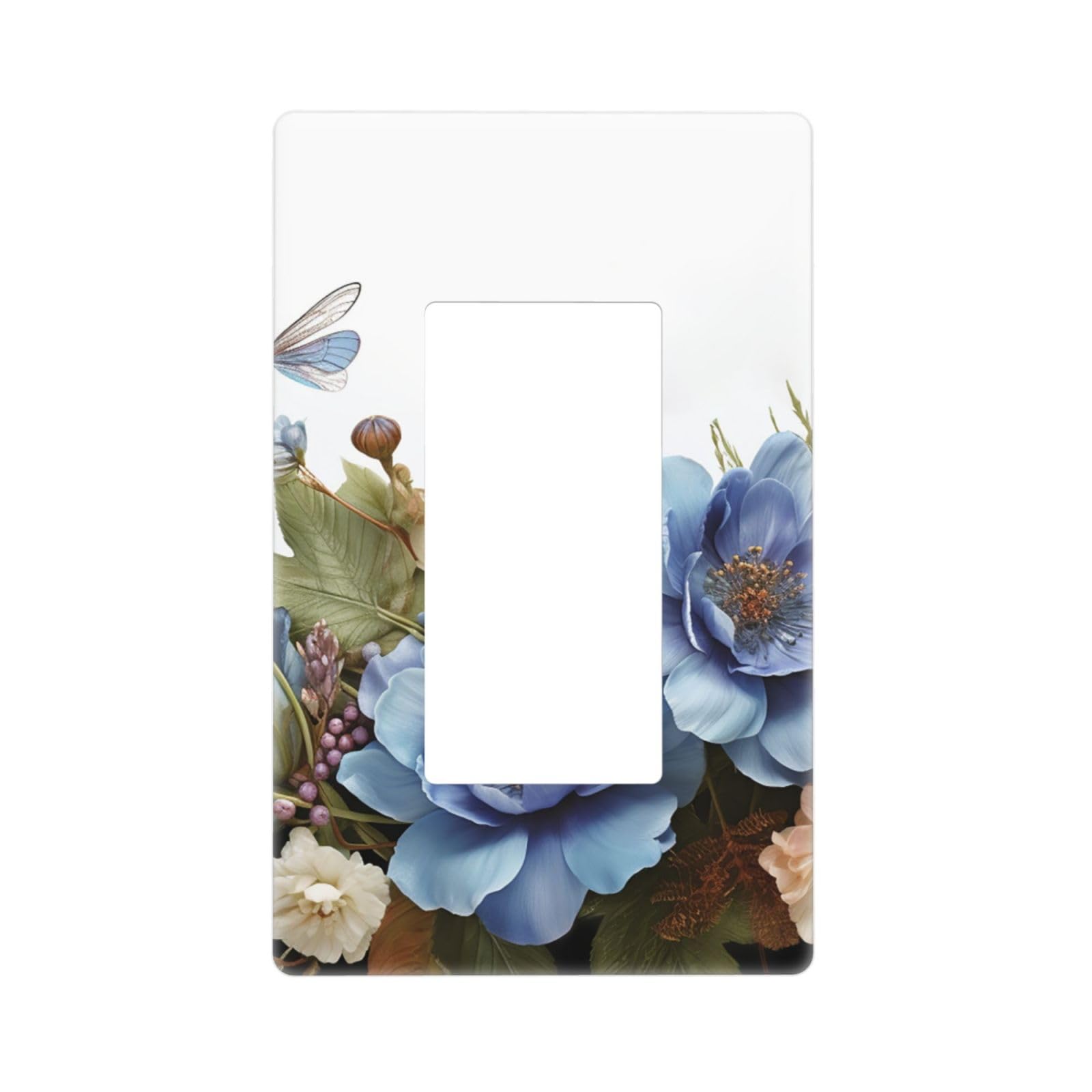 Blue flowers and dragonfly Wall Plate Cover 1 Gang Light Switch Cover Decorative Single Duplex Wall Plates Standard Size Decorator Blank Electrical Switch Plate Cover for Electrical Outlets