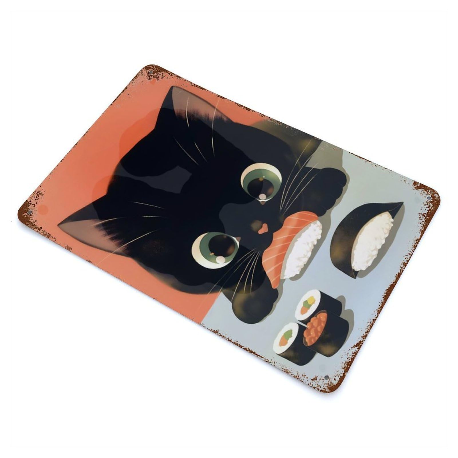 Black Cat with Sushi Feast Vintage Metal Tin Sign 11.8"x7.9", for Cafe, Home Bar And Lounge Decor, Vintage Wall Decor