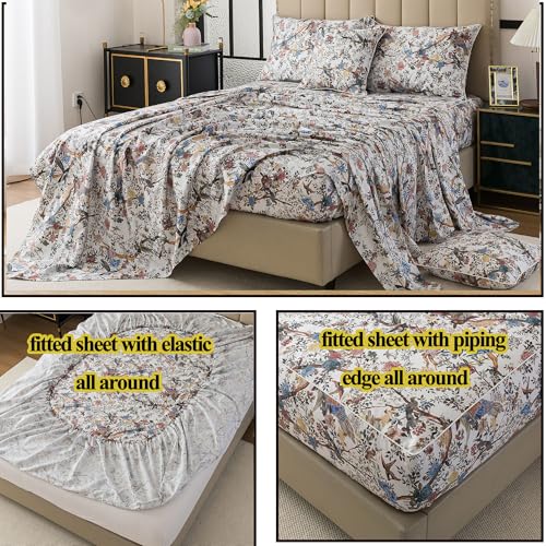 Image of FADFAY Sheets Set King Botanical Bird Floral Bed Sheets Set Vintage Mocha Mousse Farmhouse Bedding Shabby Branches Bedding 100% Egyptian Cotton Breathable Soft 17.7 inch Deep Pocket 4Pcs, King Size