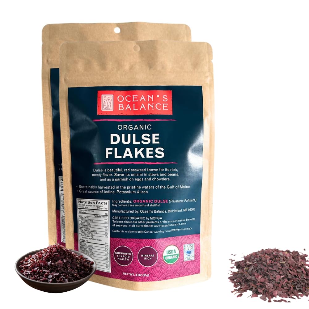 Organic Dulse Flakes – Wild-Harvested Atlantic Seaweed from Maine – Sea Vegetable for Soup, Ramen, Salad & Snacks – Vegan, Gluten-Free, Rich in Iodine & B12 – Ocean’s Balance (3oz, 2-Pack)