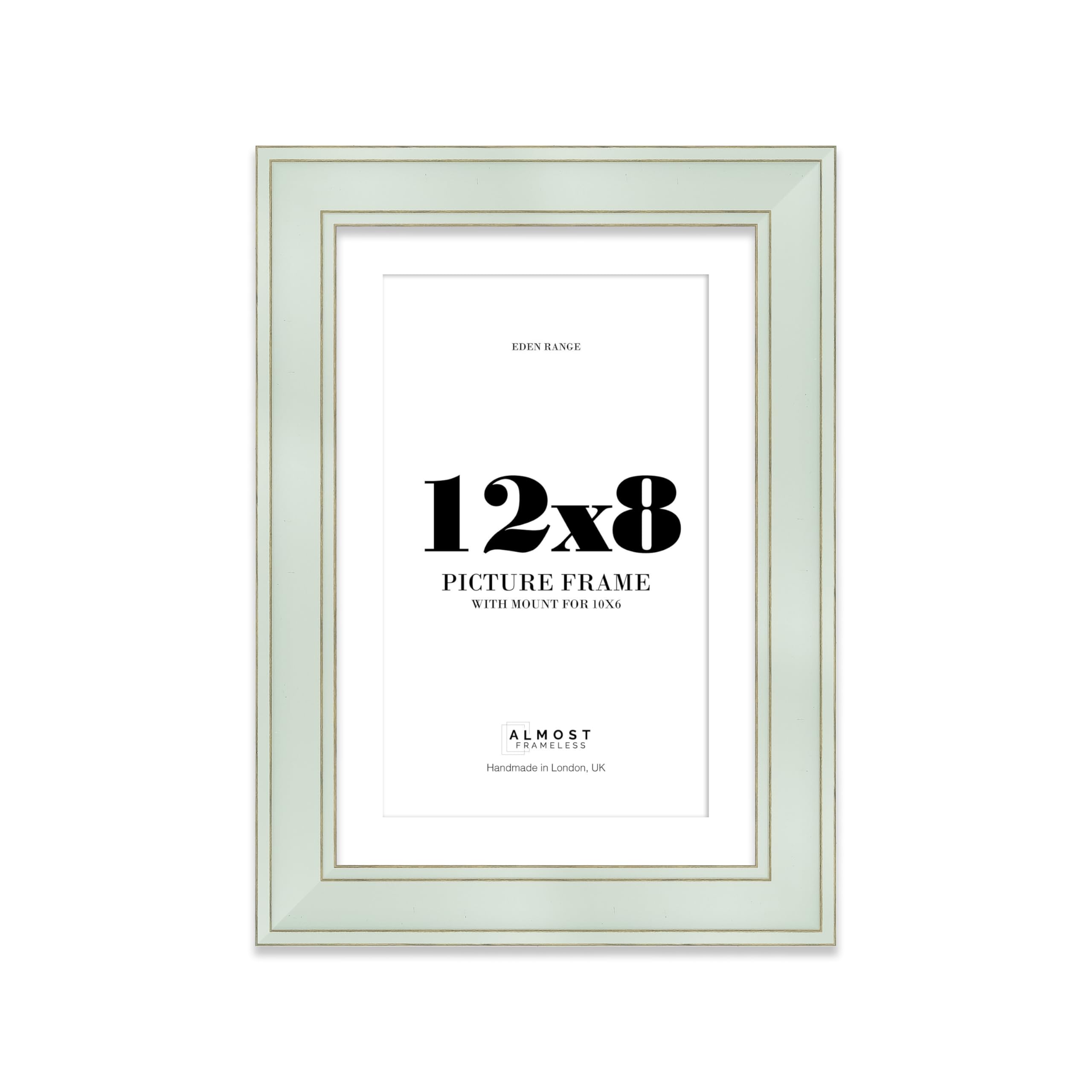 12x8" Sage Green Picture Frame with 10x6" Mount - Shabby Chic Photo Frame with Distressed Finish, Gold Trim, Wall Hooks and Kickstand, 37mm Edge - 1 Pack