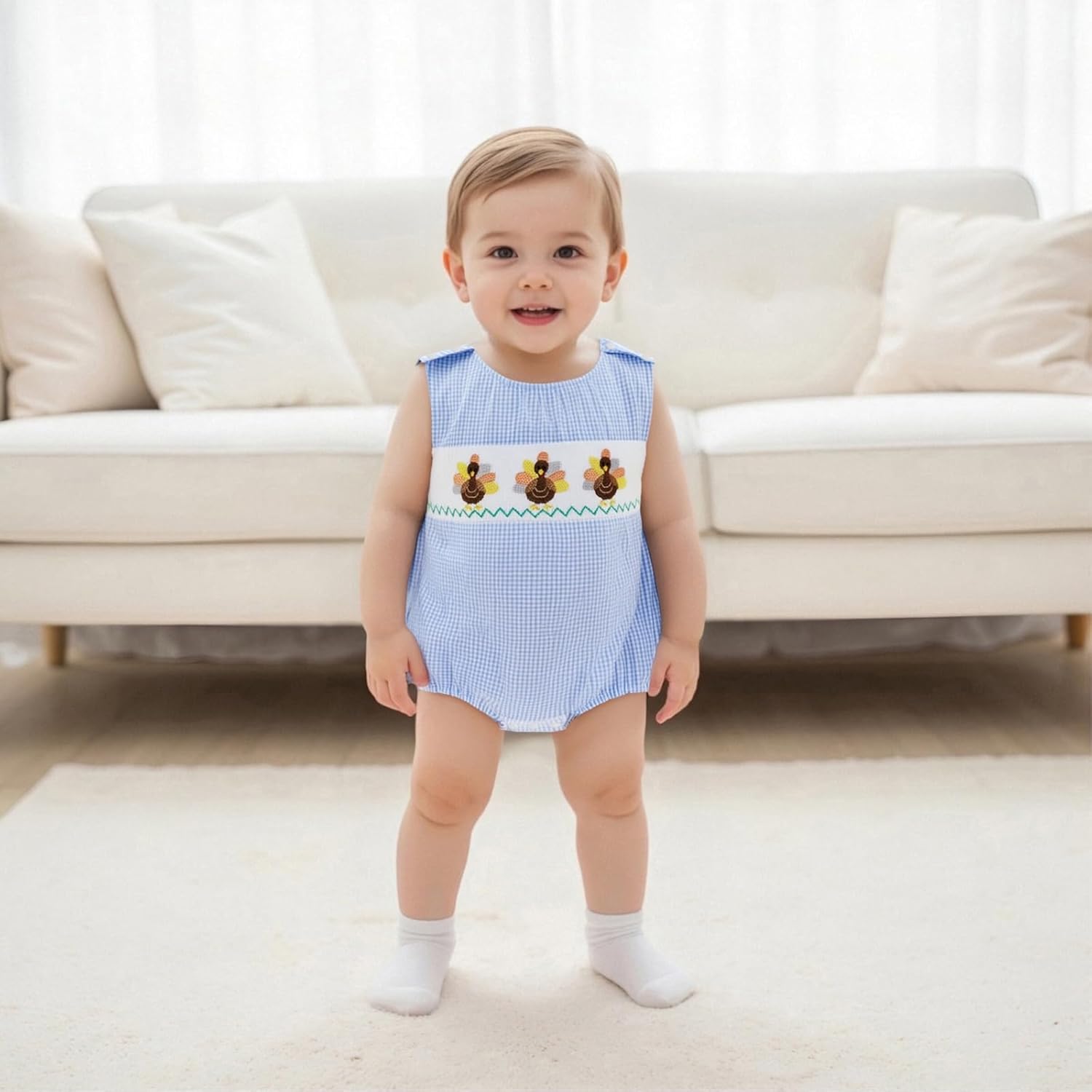 Newborn Baby Boy Thanksgiving Clothes Turkey Embroidery Sleeveless Smocked Bubble Romper Plaid Bodysuit Fall Outfit - Image 3
