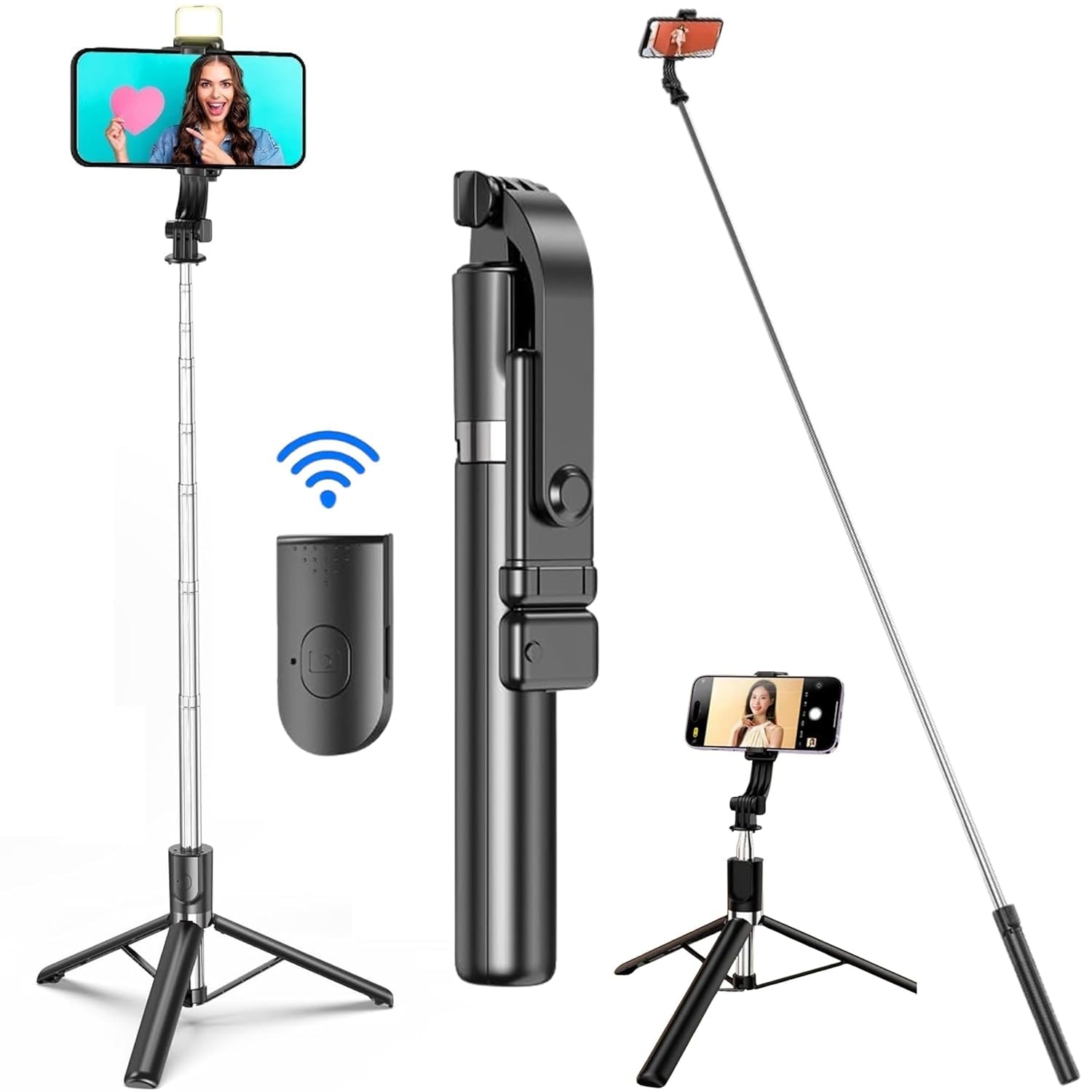 TARAVEE-62 inch Extra Long,Selfie Stick with Tripod Stand, 360 Degree,with LED Light, selfi Stick for Mobile Phone/iPhone/GoPro/Camera,Bluetooth Selfie Stick with BT Remote Control-Black