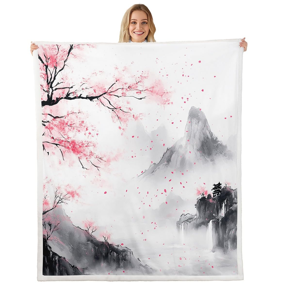 Couverture polaire artistique de qualité supérieure motif fleurs de cerisier