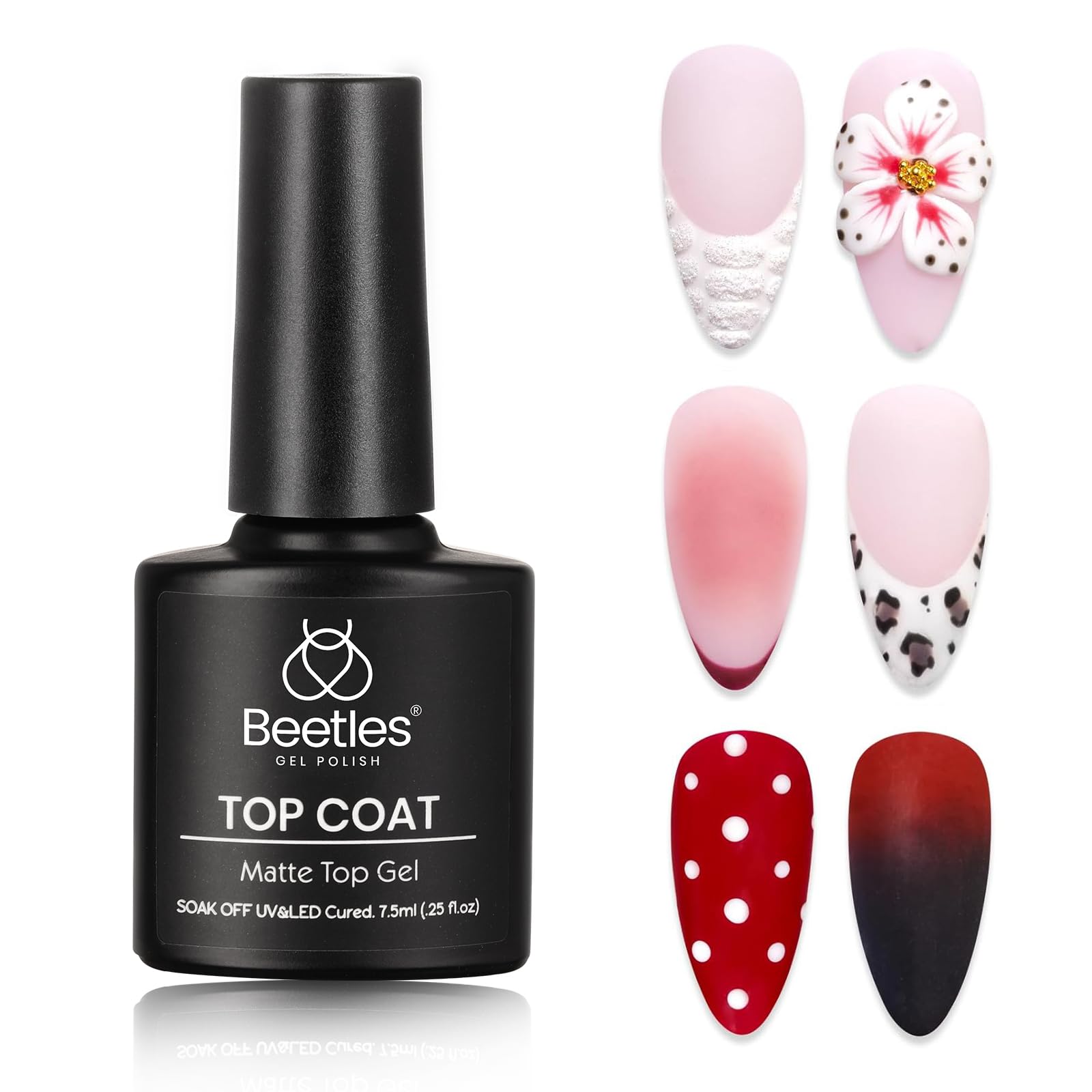 Beetles Matte Gel Top Coat for Gel Nail Polish, 7.5ML Chrome Proof Matte Top Coat No Wipe Powder-Resist Matte Finish for Detail Chrome Nail Powder Painting Long Lasting UV Nail Art