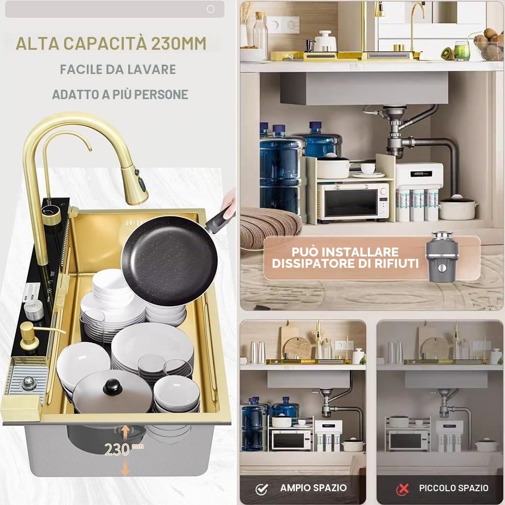 Lavello Cucina Con Cascata 80 x 45 cm,Lavello Cucina 1 Vasca In Acciaio Inox,Lavello Oro Multifunzione Cucina,Con Rubinetto Estraibile,Sifone,Dispenser Sapone,Lavello Mobile e Tagliere