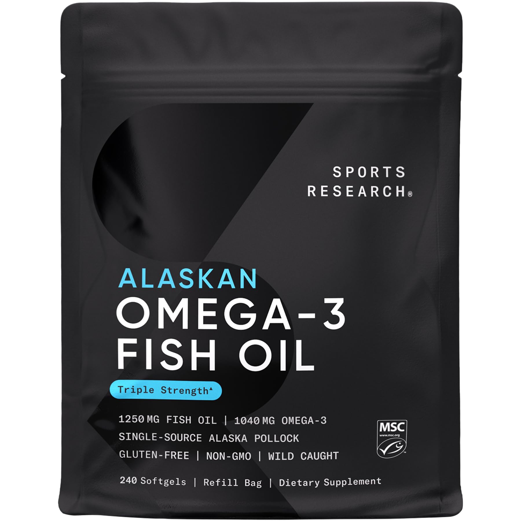 Sports Research Triple Strength Omega 3 Fish Oil - Burpless Fish Oil Supplement w/EPA & DHA Fatty Acids from Wild Alaskan Pollock - Heart, Brain & Immune Support for Men & Women - 1250 mg, 240 ct
