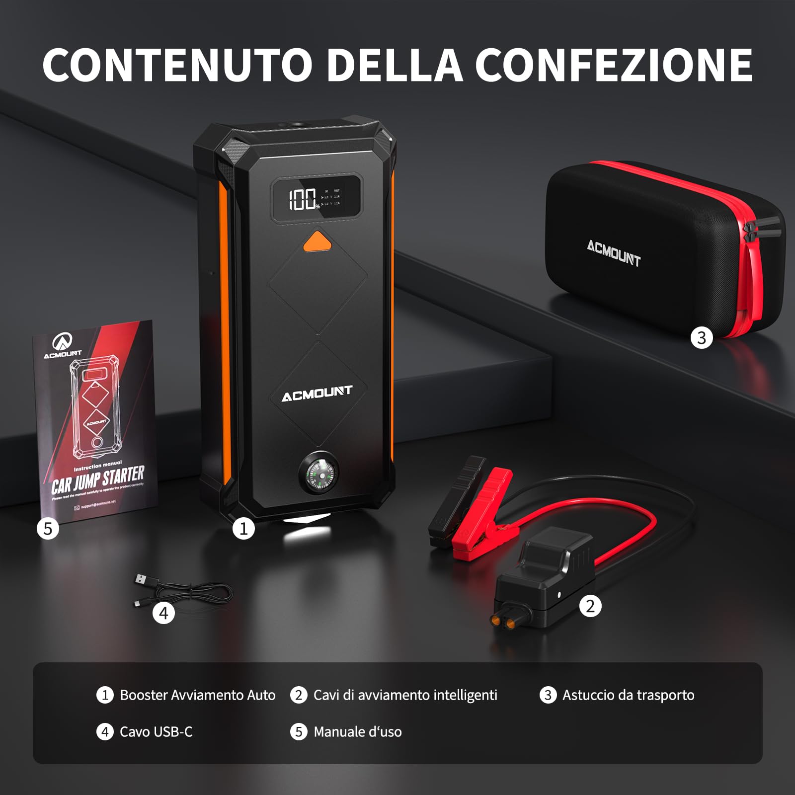 Acmount Avviatore Batteria Auto, 7000A Booster Avviatore Auto per(12L Gas/10L Diesel), Starter Batteria Portatile Jump Starter con LED/LCD Booster Avviamento