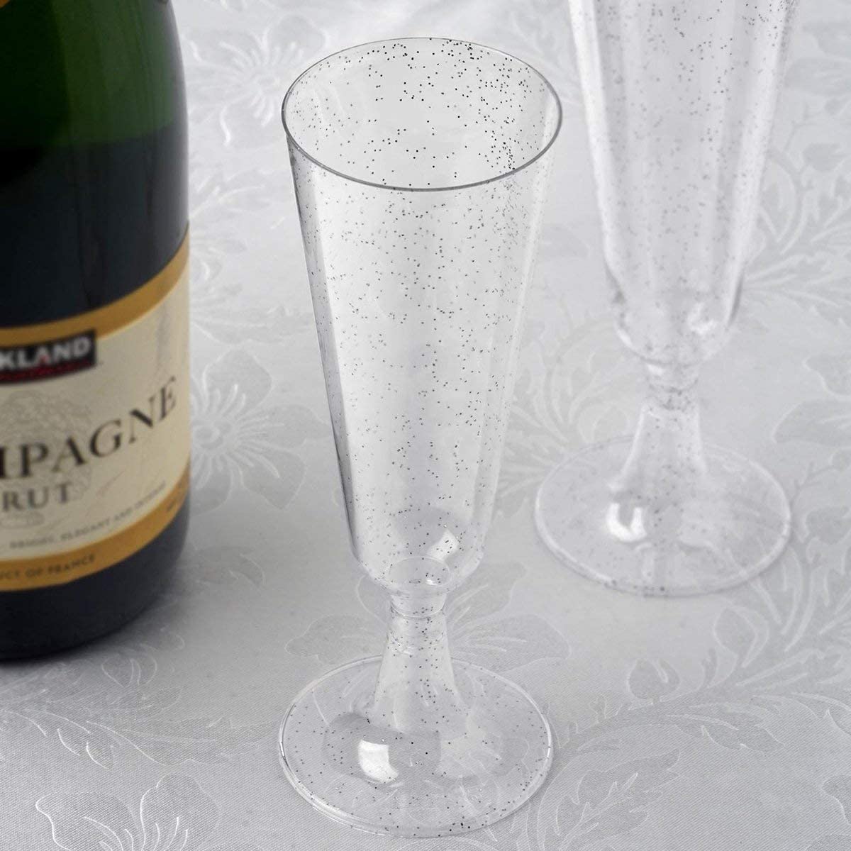 LATERN 50 Piezas Brillo Plateado Copas de Champán, 150ml Copas de Champán de Plástico Copas de Vino de Fiesta con Tallo Reutilizables para Fiestas de Aniversario Bodas Jardín (5,5 x 16,5cm)