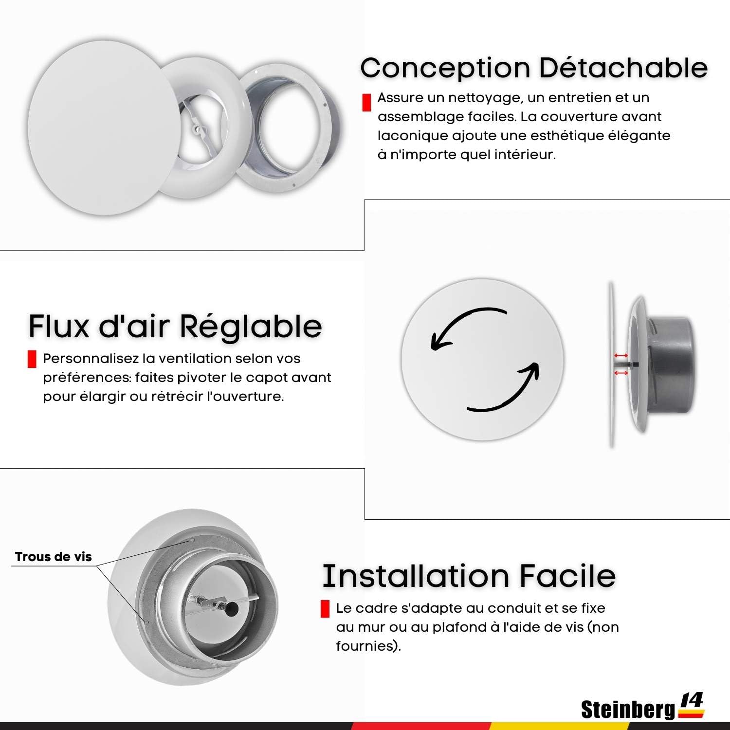 Steinberg14 Bouche VMC - 100mm Diffuseur Rond en Métal - Valve d'air Réglable au Plafond Mural - Clapet d'Alimentation et d'Extraction d'air - Grille d'aération - Blanc