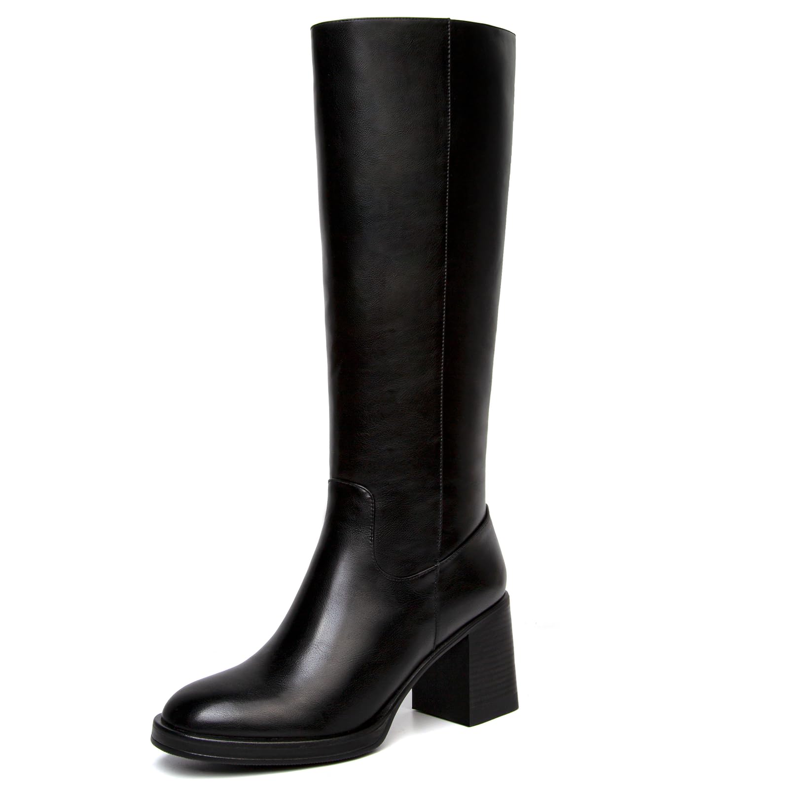 Knee High Boots Women Chunky Block Heel Wide Calf Round Toe Tall Long Zipper Fashion Leather Boot