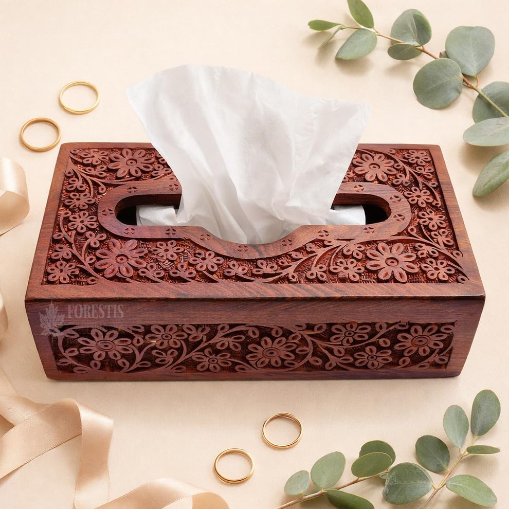 Image of Wooden Tissue Box| Acacia Wood Napkin Box| Tissue Holder Organizer for Table, Home, Office, Car| Rectangular Facial Paper Cloth Storage Case| Dispenser (9X5 Inches, Acara)