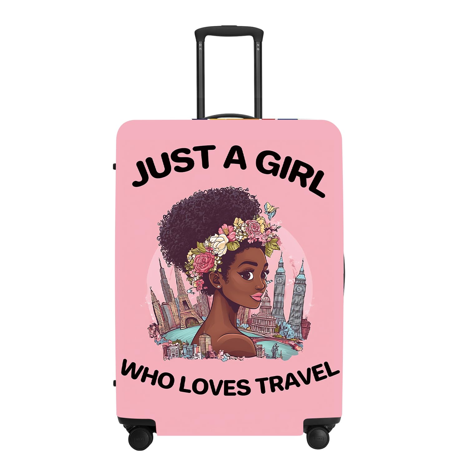 "Just a Girl Who Loves Travel" Luggage Cover, City Explorer Suitcase Protector, Waterproof Anti-Theft Design, Wanderlust Gifts for Women