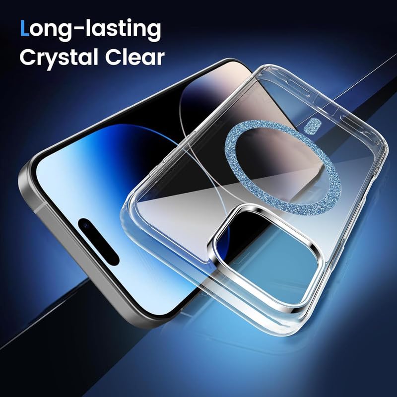 Image of AIBEX Back Cover Case Compatible with iPhone 14 Pro | Glitter Ring Cute Shiny Colorful Bling Case (Compatible with Magsafe) | Transparent PC+TPU Glossy Shiny Cover for Girls & Women - Blue
