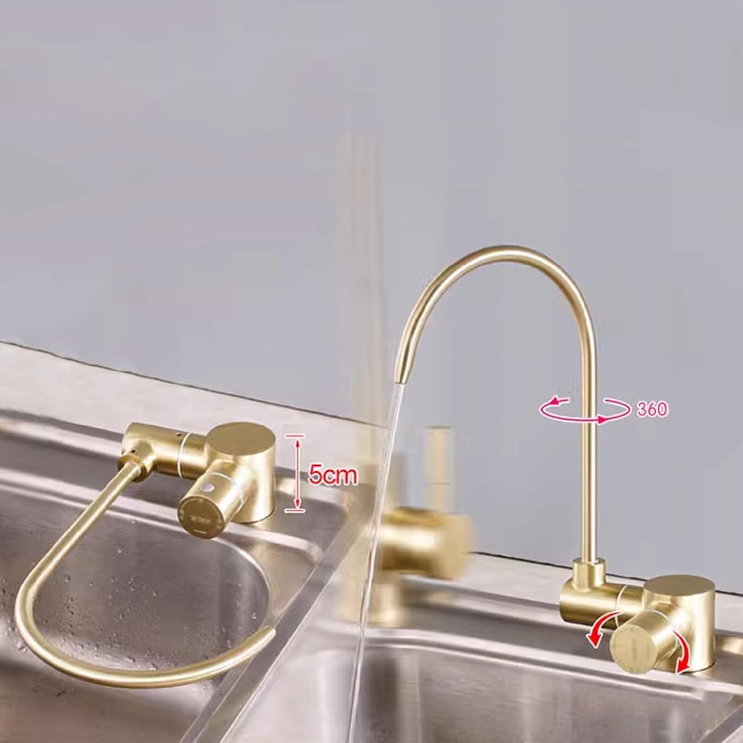 Faltbarer Doppelfilter Wasserhahn, 360° Drehbarer Trinkwasserhahn, Kaltwasser Schwanenhals Wasserhahn für Küchenspüle, Gebürsteter Gold Edelstahl