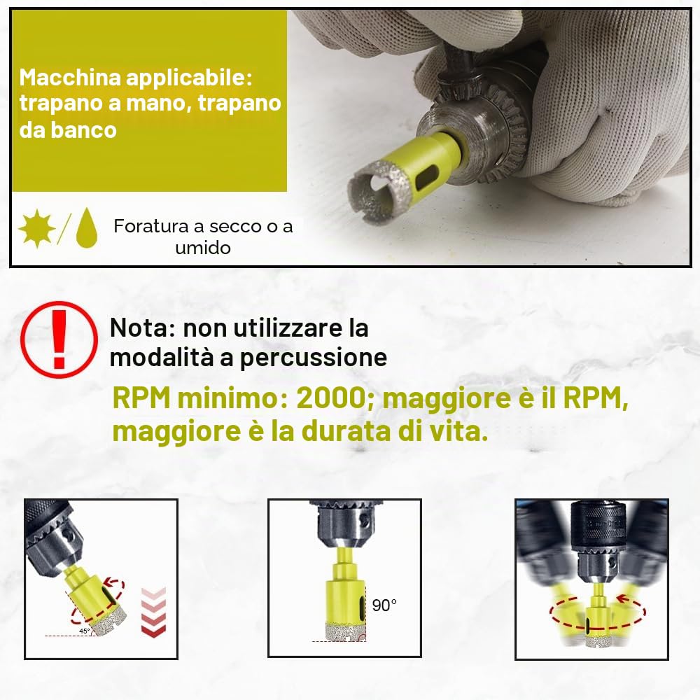 Punte per Trapano Diamantate 9pezzi (6/8/10/12/20/25/32/35mm+50mm Gambo Esagonale Punta per Smusso) Fresa Diamantata con Gambo Tondo per Ceramica Gres porcellanato Marmo Granito Quarzo SANLEETEK