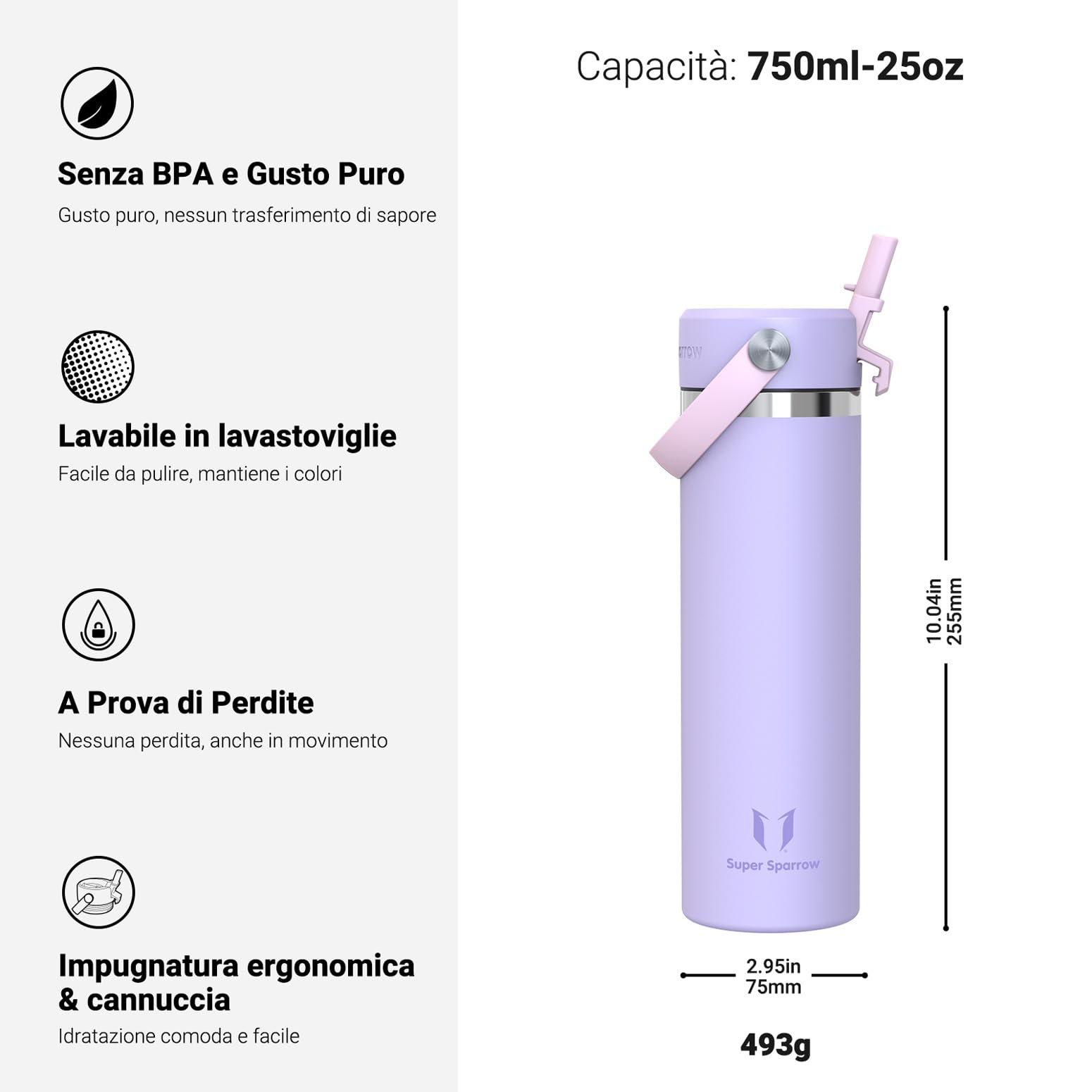 Sparrow Borraccia Termica - 500ml/750ml/1L/1.2L - SwivelSip Bottiglia Acciaio Inox - Senza BPA Borracce Termiche, Borraccia con Cannuccia Ergonomica per Scuola, Sportiva, Campeggio, Palestra