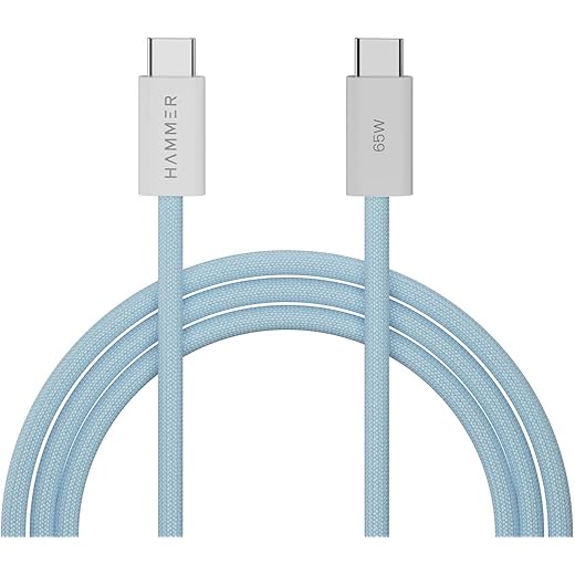 HAMMER Type C to Type C Cable 65W Braided, PD Fast Charging, Data Sync, 1.5 Meter Tangle Free Wire, Compatible with all C-Type Enabled Devices (Blue)