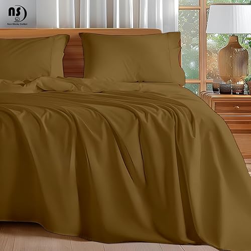 NON Sticky cotton Juego de sábanas King de 4 piezas, 100% algodón de fibra larga, sábanas de lujo de enfriamiento suave, bolsillo profundo para
