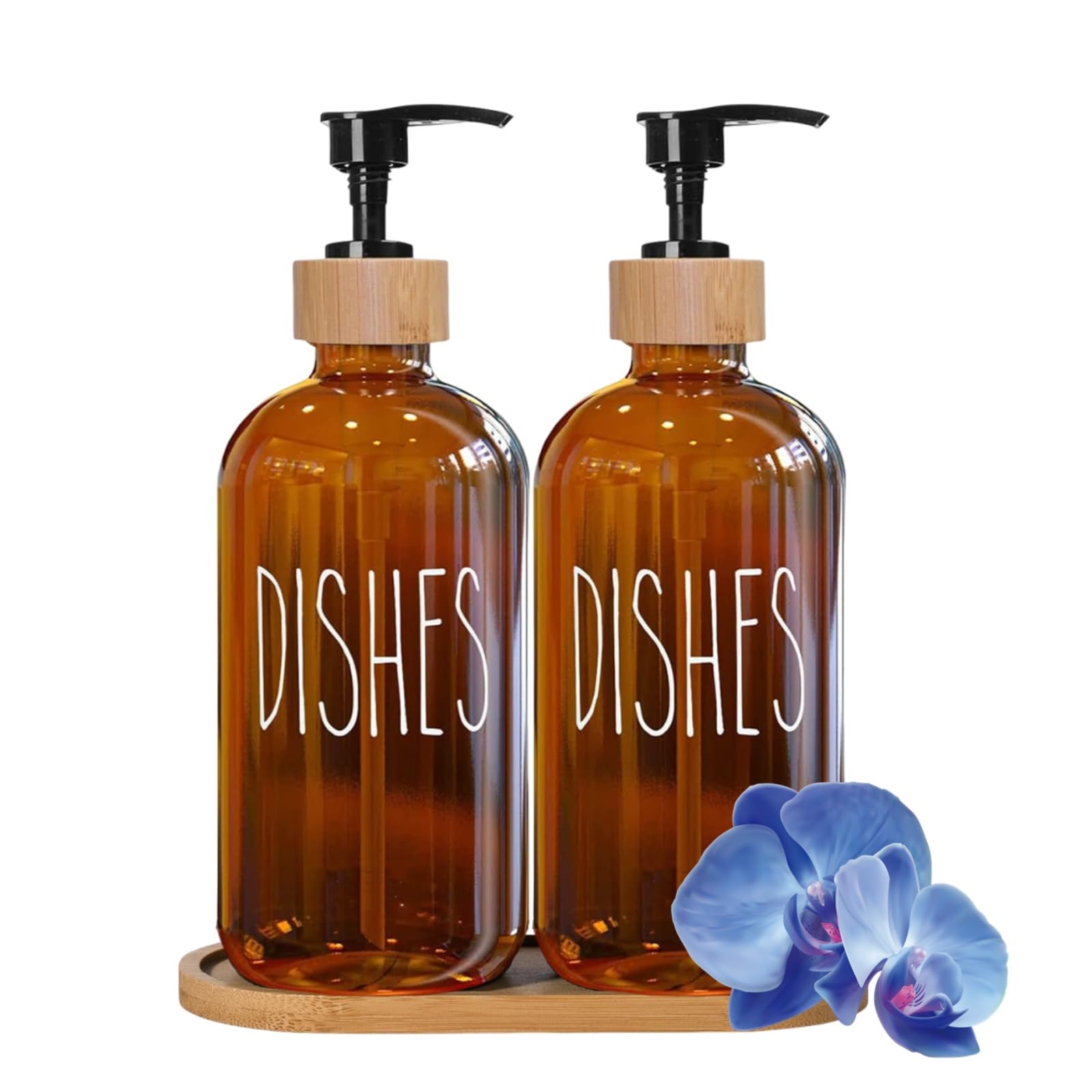 Amber Glass Hand and Dish Soap Dispenser Set Kitchen Soap Dispenser Set with Tray Bamboo Plastic Pump Bottles for Kitchen Sink - Modern Home Decor, Neutral Decor for Gift (Amber, 475ml)
