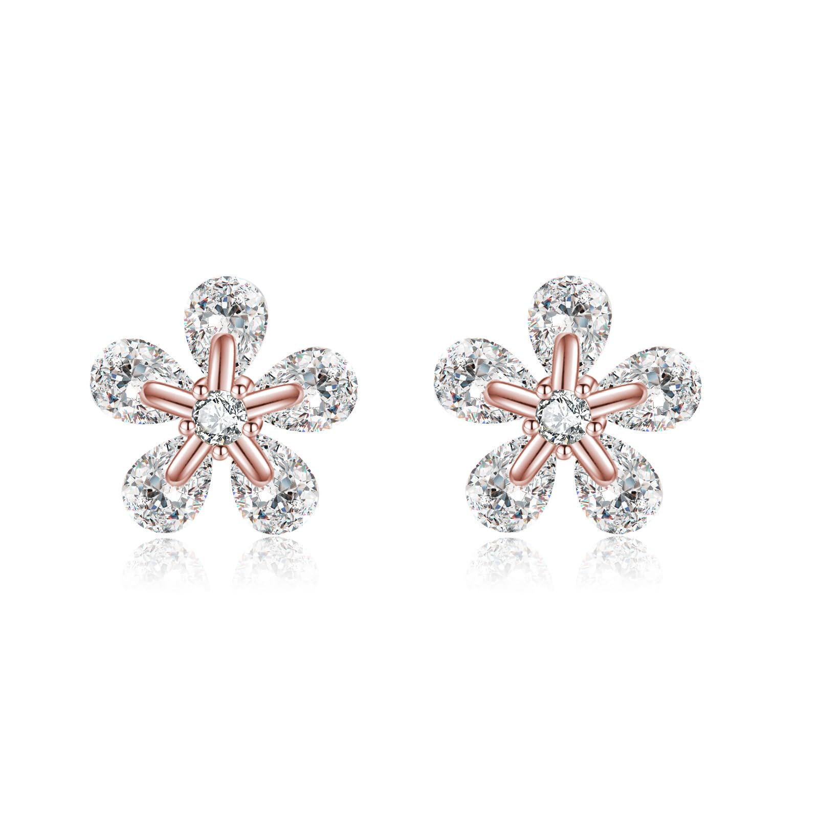 Reffeer Solid 925 Sterling Silver CZ Flower Earrings Stud for Women Teen Girls Dainty Flower Stud Earrings Hypoallergenic