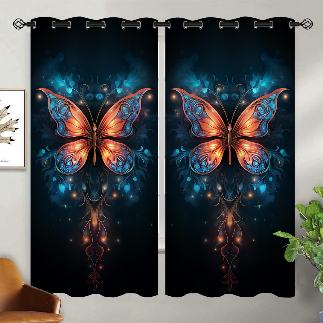 Butterfly Blackout Curtains for Girls Boy Home Decor, Art Dreamy Beautiful Colorful Cartoon Grommet Thermal Insulated Drapes Darkening Window Curtain for Bedroom Living Room, 63 x 63 Inch