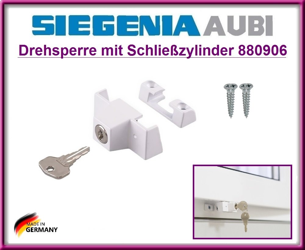 SIEGENIA 880906 deriva Ranura para con cilindro de cierre, cierre, seguridad Ventana. Top Calidad cierre de seguridad para la protección de niños para abrir la ventana. con 4 Tornillos.
