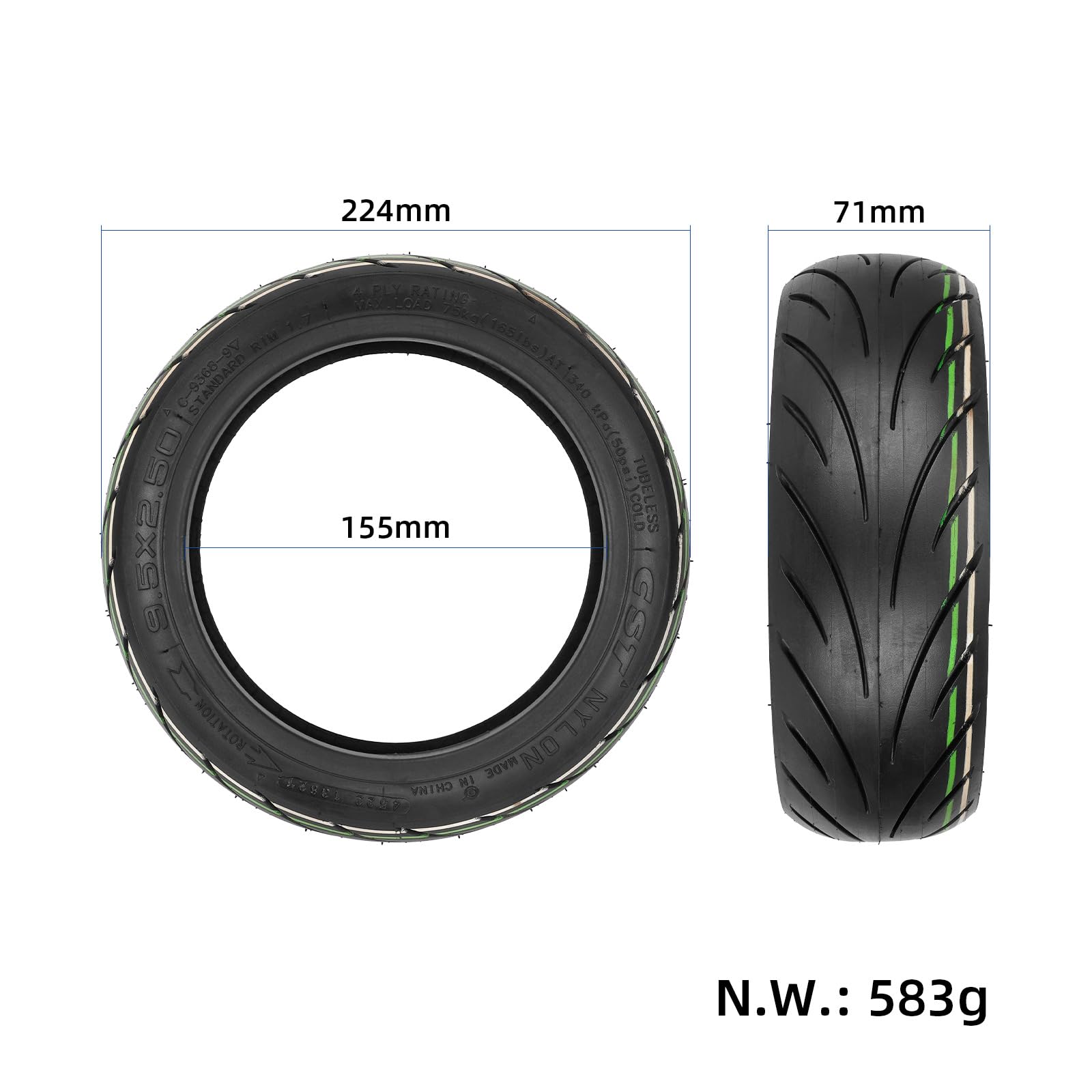 TREFAN 9,5 x 2,50 banden, binnenbandloze banden voor NIU KQi3/Sports/Pro/Max elektrische step, 9,5 inch offroad-wielen, verdikt, lekvrije, zelfrepareerbare reservewielen (1 stuk