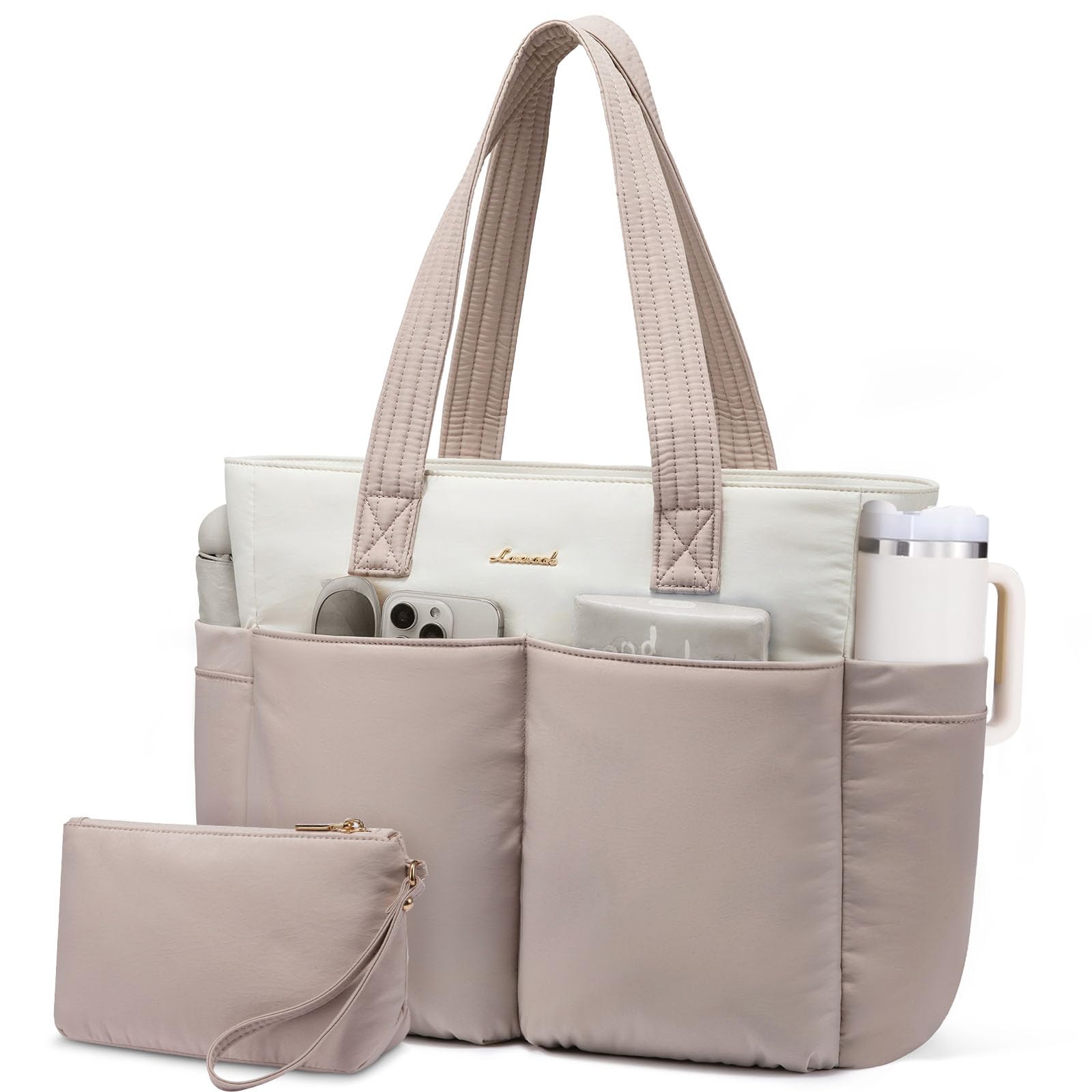 LOVEVOOK Puffer Tote Bag with 8 Pockets Cosmetic Bag Waterproof Work Bag for Women Puffer Tote for Women