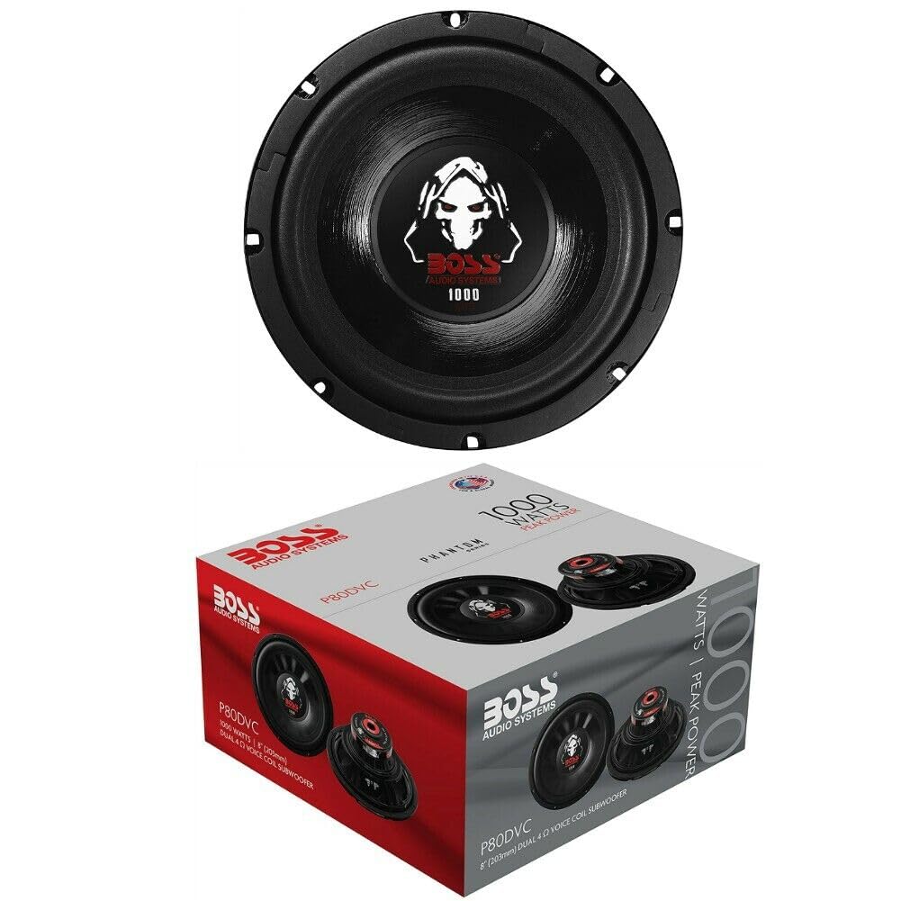 KIT SET PER BOSS AUDIO SYSTEMS P80DVC 1 subwoofer da 20 cm 200 mm 8", doppia bobina 4+4 ohm, 500 watt rms 1000 watt max, 88 db sp,l per cofano, bagagliaio, auto, 1 pezzo