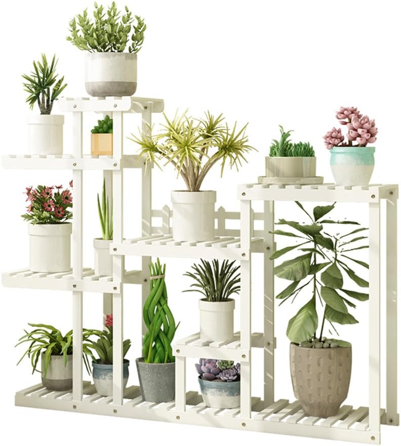 MEIFUO Plant Stand 4-Tier Wood Free Standing Flower Rack Shelf Multifunctional Storage Rack Shelving (Color : White- No Wheeled)