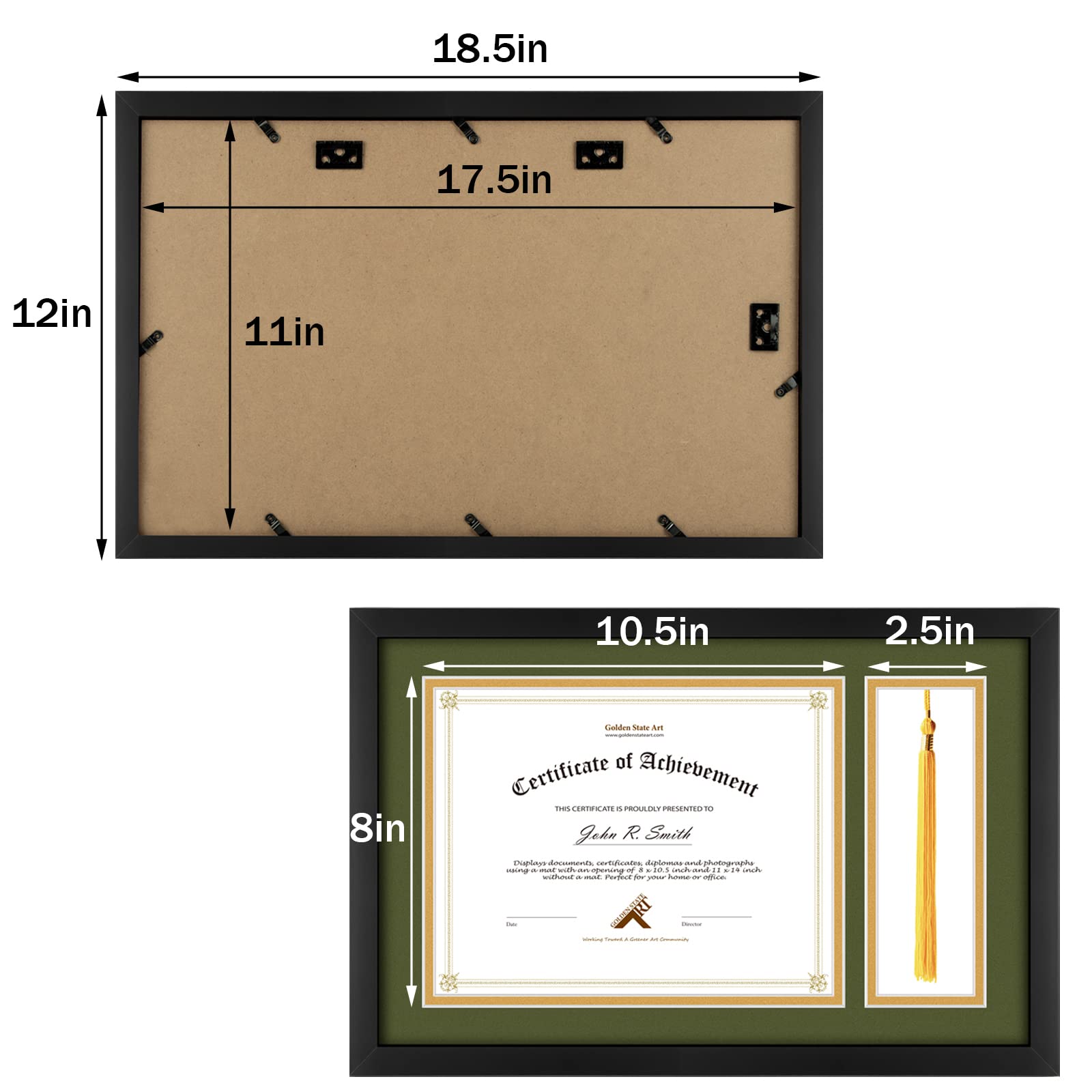 Double Diploma Frame - Holds Two 8.5x11 Certificates | Black Wood With Gold Trim & Real Glass