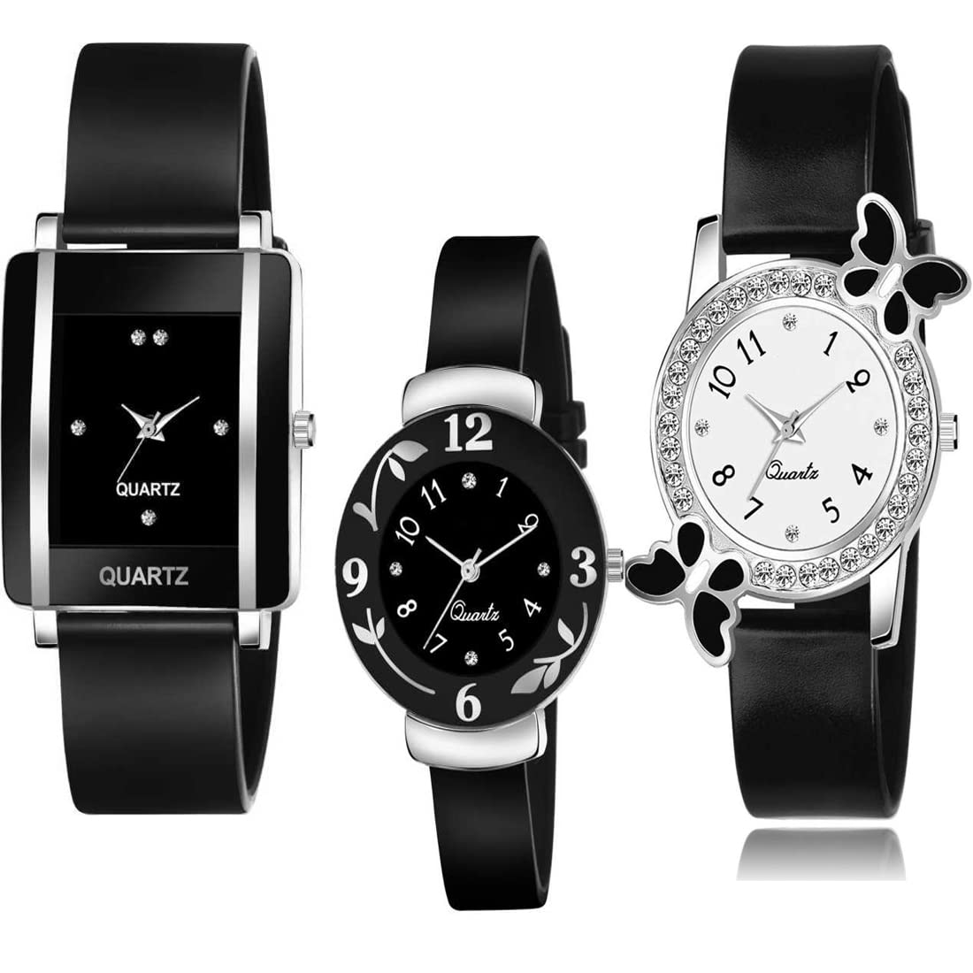 GOLDENIZE FASHION Rectangular and Butterfly Diamond Analogue Dial Rubber Strip Womens & Girls Watches Combo Pack of 3 (Black) (B09M776GJK) Amazon Price History, Amazon Price Tracker