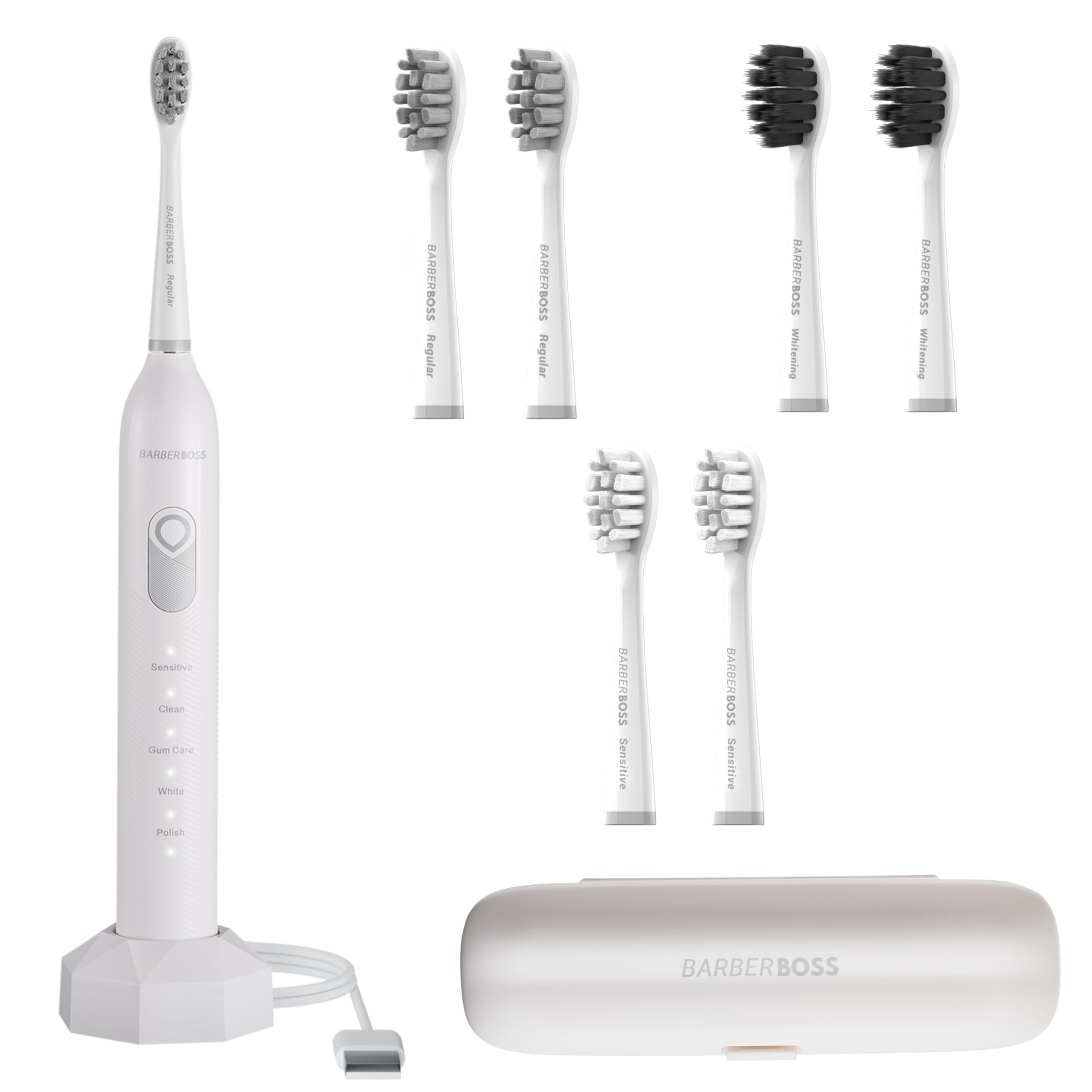 BarberBoss Spazzolino elettrico con 6 testine e sensore di pressione, spazzolino ricaricabile per adulti con 5 modalità, timer intelligente, spazzolino da denti con kit da viaggio