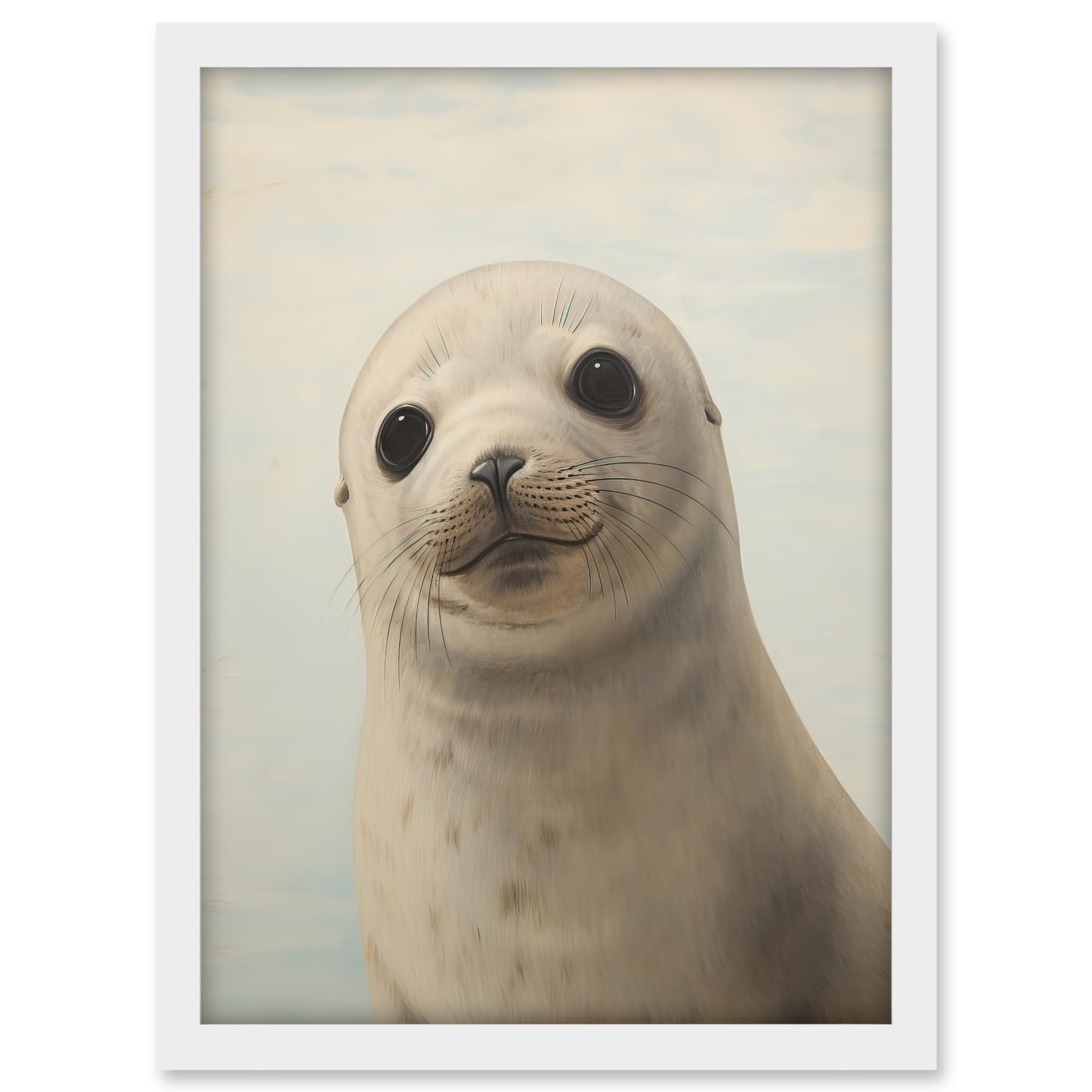 Artery8 Adorable Baby Seal Pup Portrait Oil Painting Calming Kids Bedroom Cute Arctic Animal Artwork Framed A3 Wall Art Print