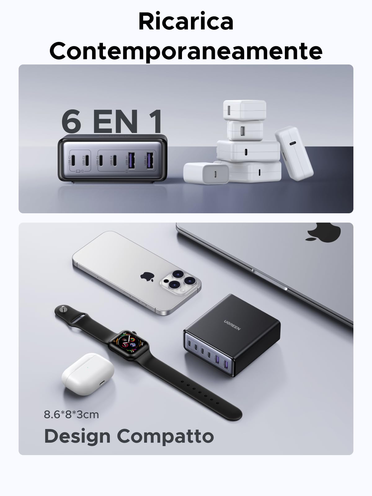 UGREEN Zapix 100W Caricatore USB C + 100W Cavo USB C 2Pack