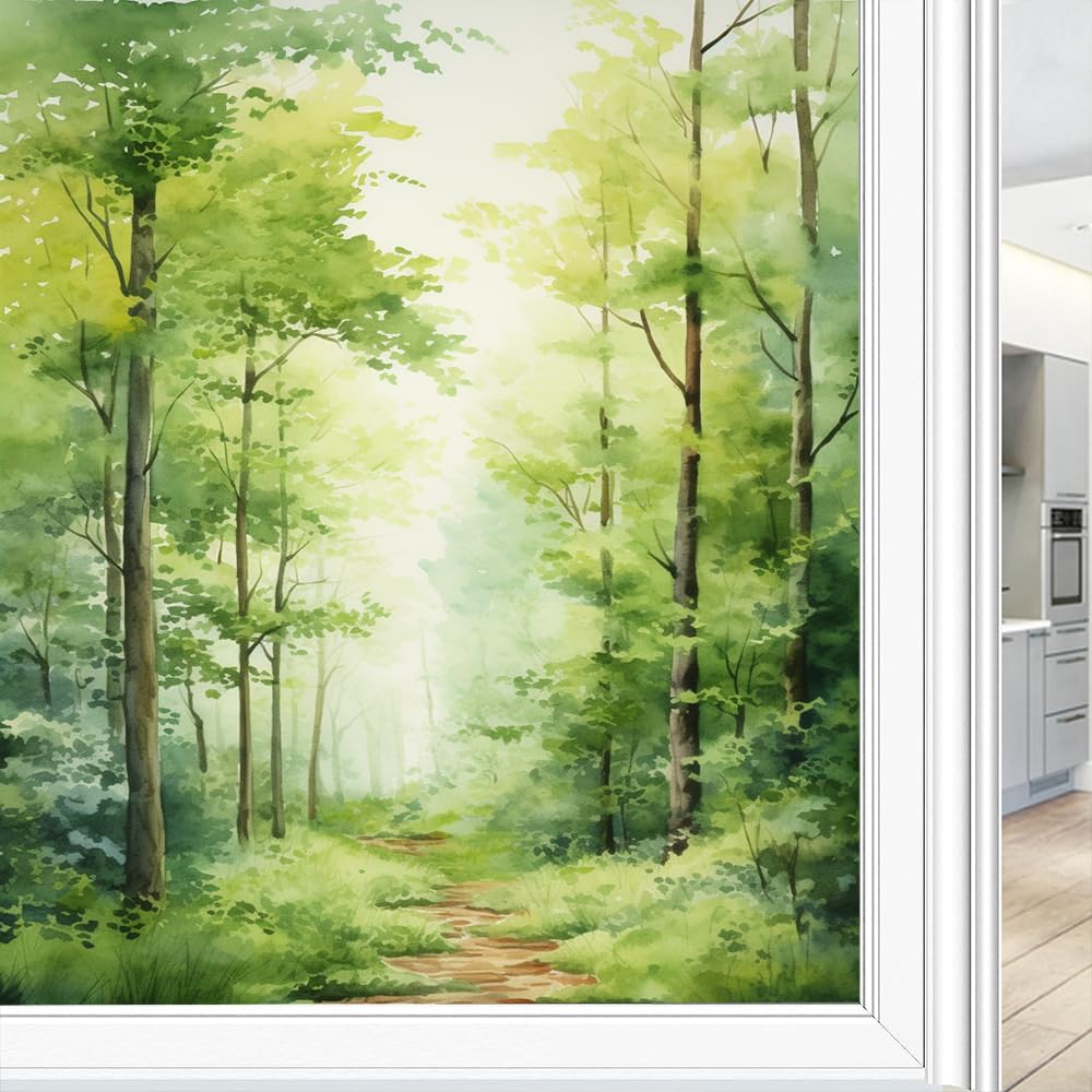 Fyfmushe Rustic Trees Stained Glass Window Film, Beautiful Green Summer Trees Landscape Decorative Frosted Glass Privacy Film, Heat Control Static Cling Window Sticker 70X100 Cm