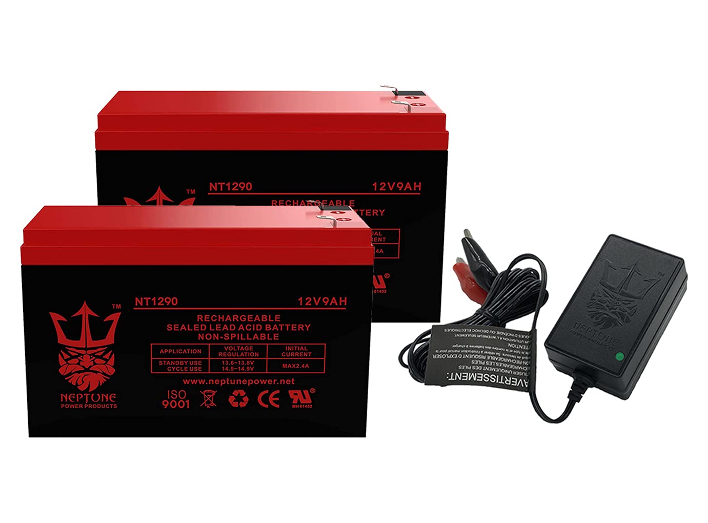 Set of 2 Neptune 12V 9AH SLA AGM Battery Replaces RBC17, CP1290, HR9-12, BP8-12, UB1290, PS-1290-2 Pack battery with 1000mA Charger/Maintainer