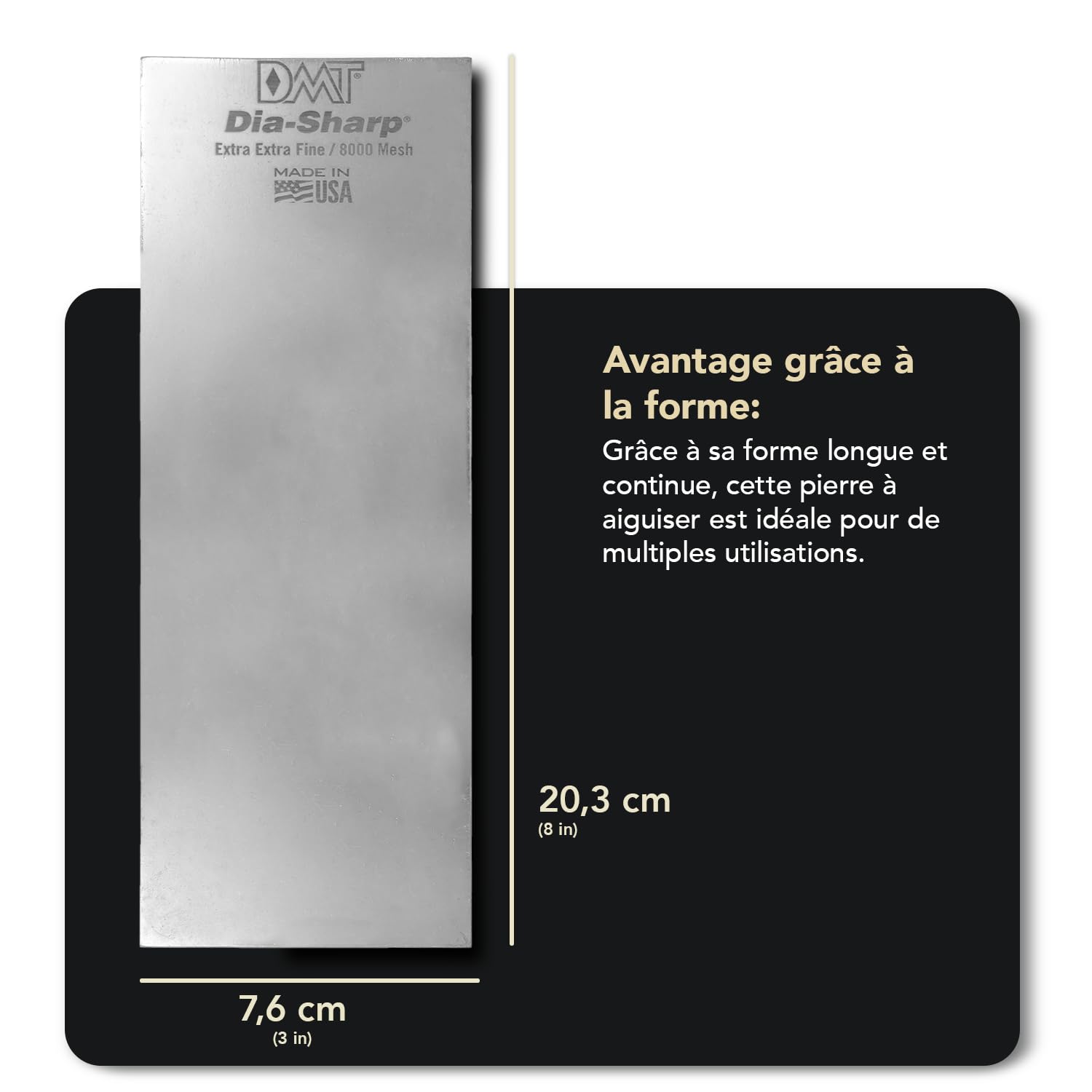 DMT Dia-Sharp® Pierre à Aiguiser Diamant 8" Extra-Extra-Fin | Aiguiseur de Couteaux Qualité Pro | Pierre 20 cm pour Couteaux et Outils | Made in USA | D8EE
