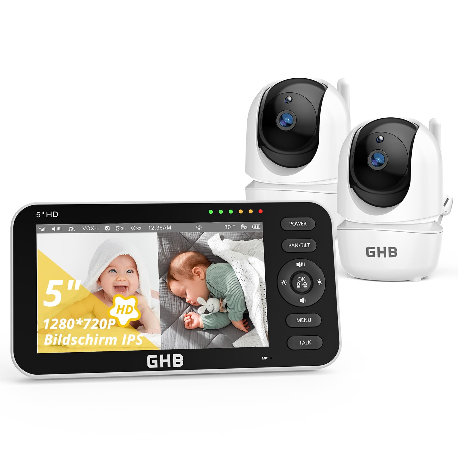 GHB Babyphone mit 2 Kameras 5 Zoll 720P HD Display mit bis zu 168h Akkulaufzeit im VOX Schlafmodus Split-Screen-Anzeige Nachtsicht 4X Zoom Schwenkbar