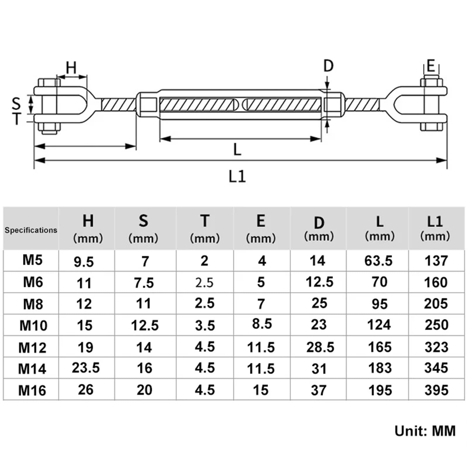 Tendeur Fil De Fer Mâchoires et tendeurs en Acier Inoxydable 304, 2 pièces, M5 M6 M8 M10 M12 M14 M16 for Tendre la chaîne de câble(M14)