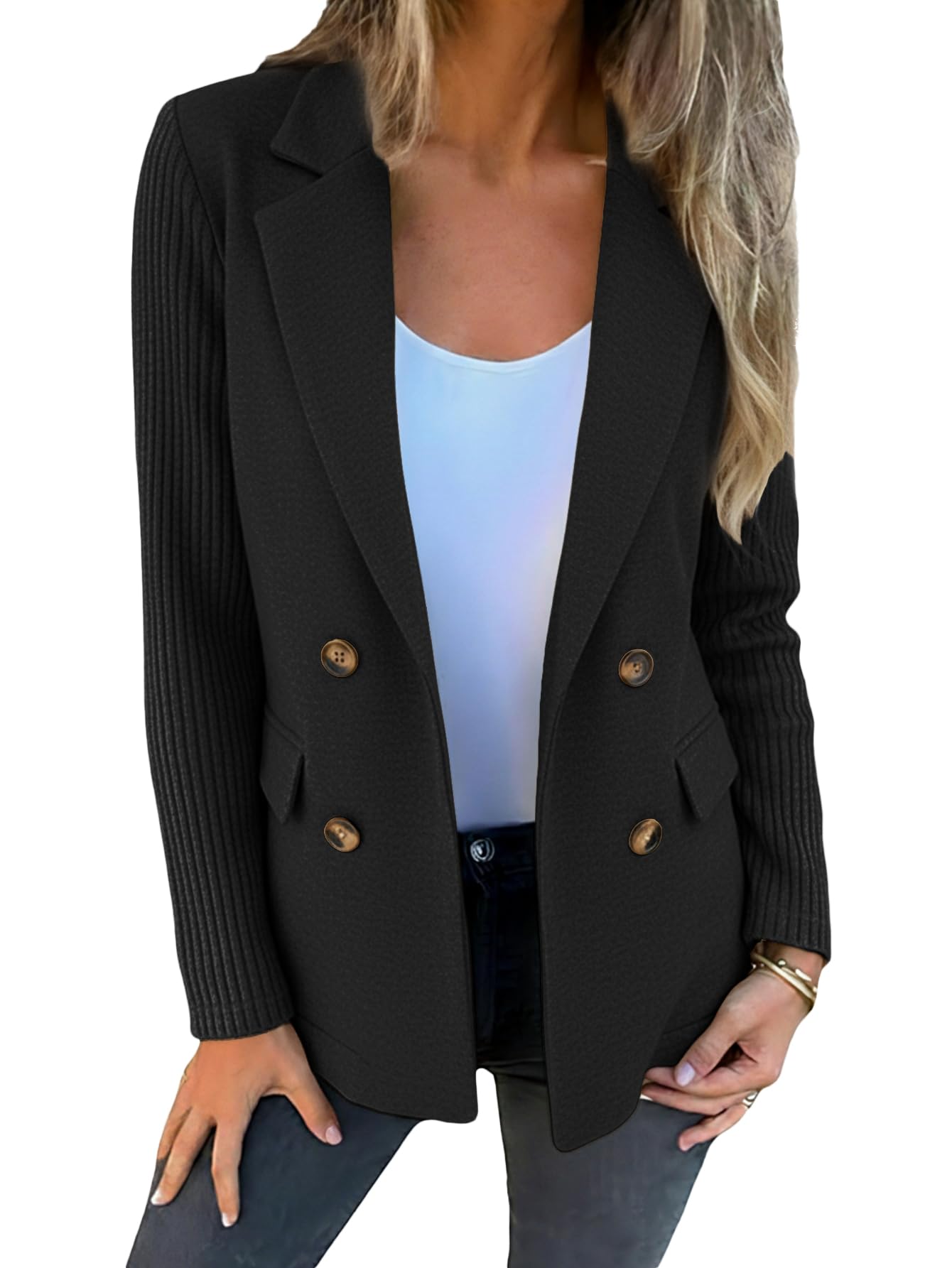 Mina Self Womens Sweater Sleeve Wool Blazer 2025 Winter Double-Breasted Business Casual Work Jackets with Pockets