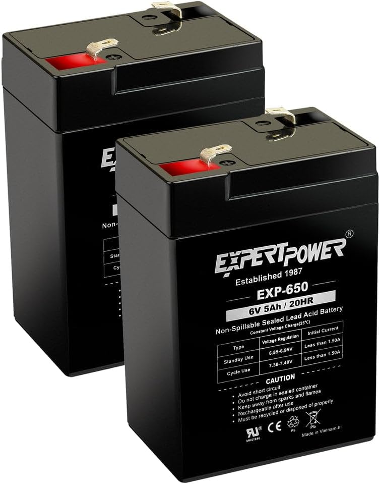 ExpertPower EXP650 (20 Pack) - 6V 5Ah / 20HR SLA Rechargeable 6V Battery for Ride on Toys, Emergency Light, Exit Sign Battery Replacement, Sealed Lead Acid 6 Volt Batteries with F1 Terminals