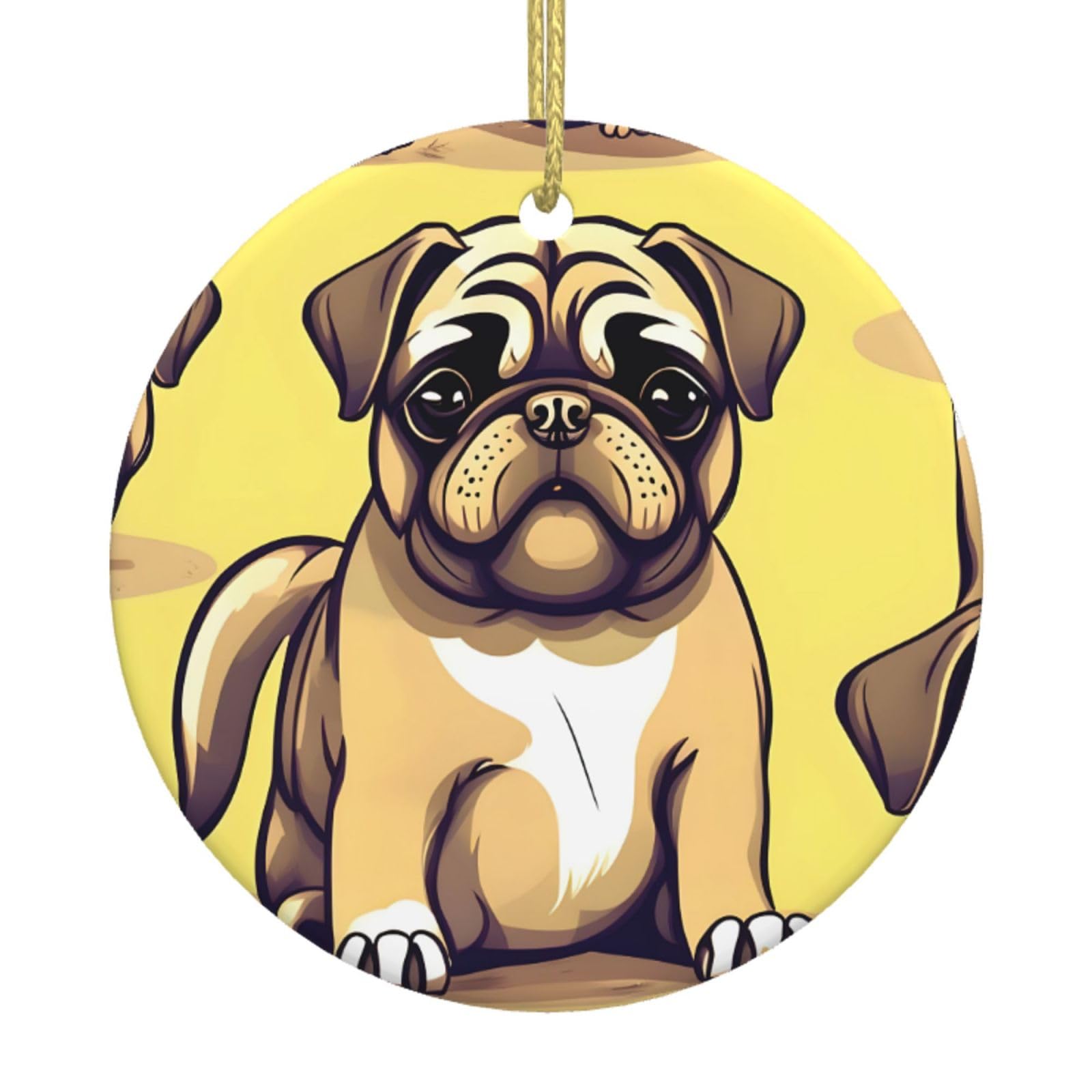 Funny Cartoon Pug Puppy Dog Print Christmas Ornaments, Ceramic Hanging Ornament, Round Shape Decorations