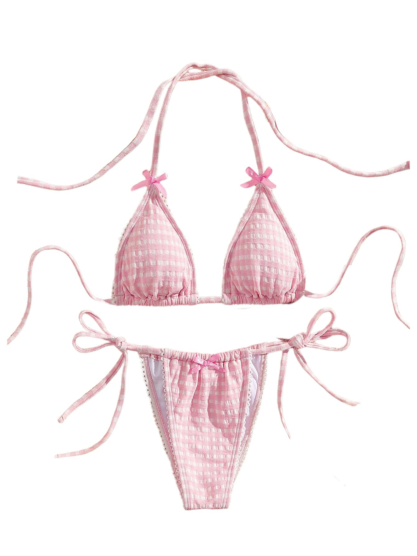 Damskie Komplety Bikini Stringi 2 Częściowe Kratę Halter Trójkątne Stroje Kąpielowe Głęboko Wycięte Stringi Bezczelne Kostiumy Kąpielowe Różowy Duży