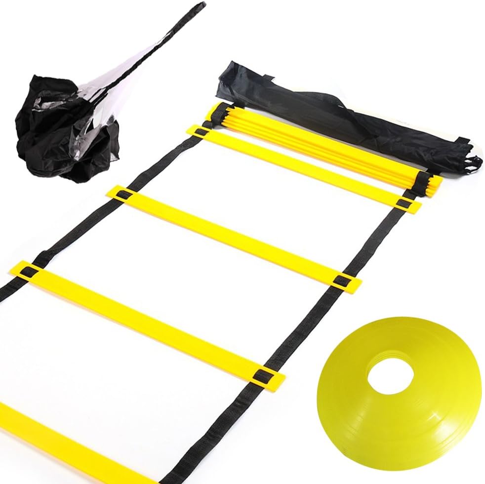 Huvai 6m 12 Rungs Agility Ladder Training With A Resistance Parachute, 12 Yellow Disc Cones, A carry bag