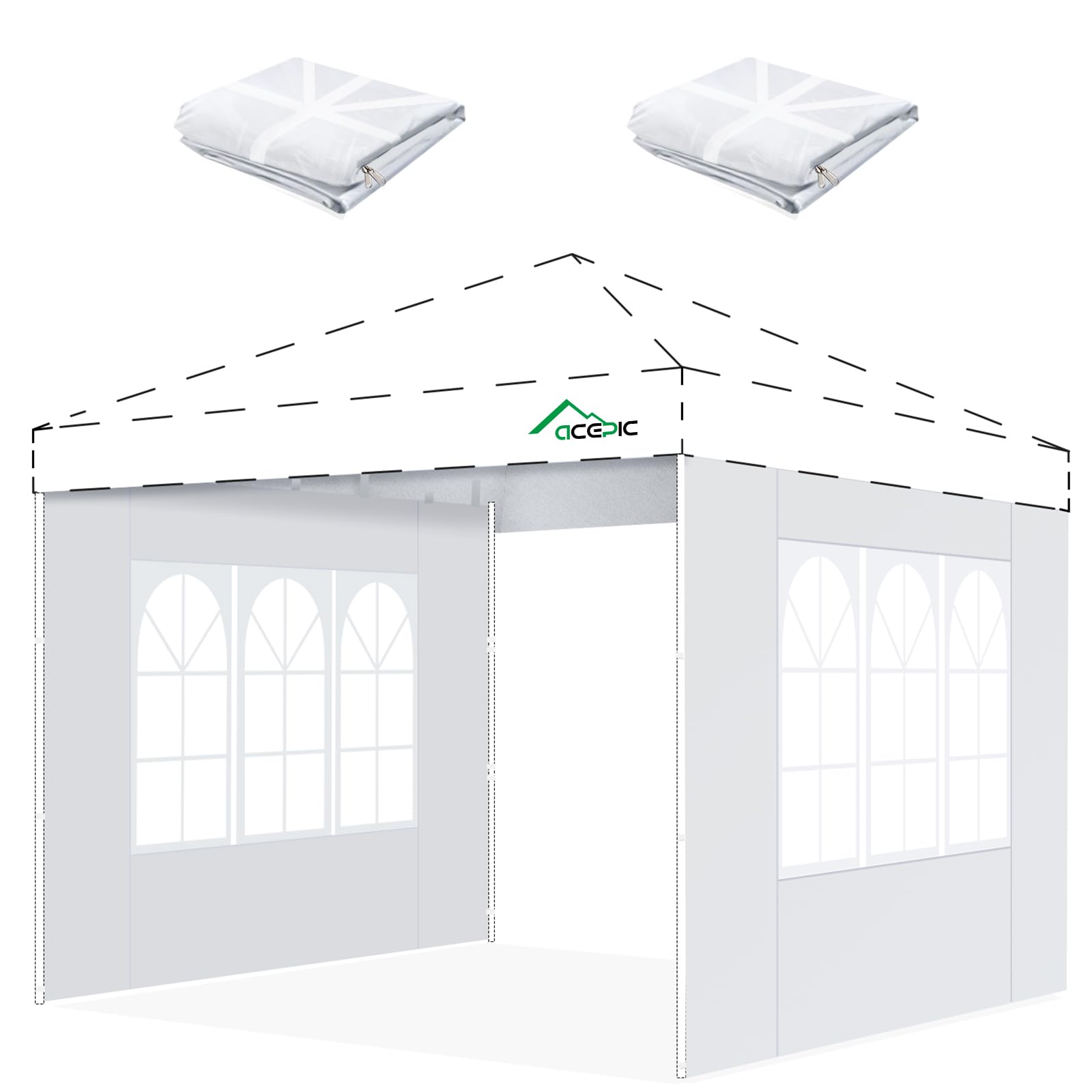 Acepic Gazebo Side Panels with Window and Fastening for Gazebo 3 x 3 m, Wind Protection and Privacy Screen for Party Tent, Waterproof, Pack of 2