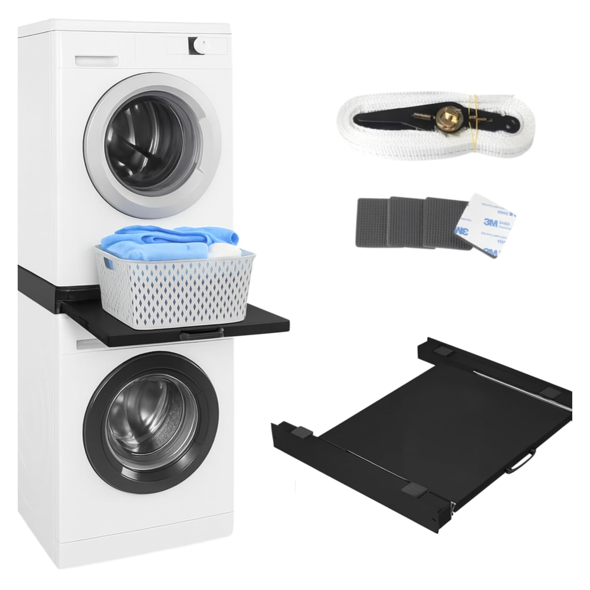 Vonia Tussenstuk Wasmachine Droger - Stapelkit Wasmachine Droger Universeel Uitschuifbare Handdoekhouder Wit